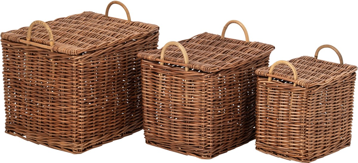 J-Line Manden met handvatten - riet - naturel/roest - set van 3