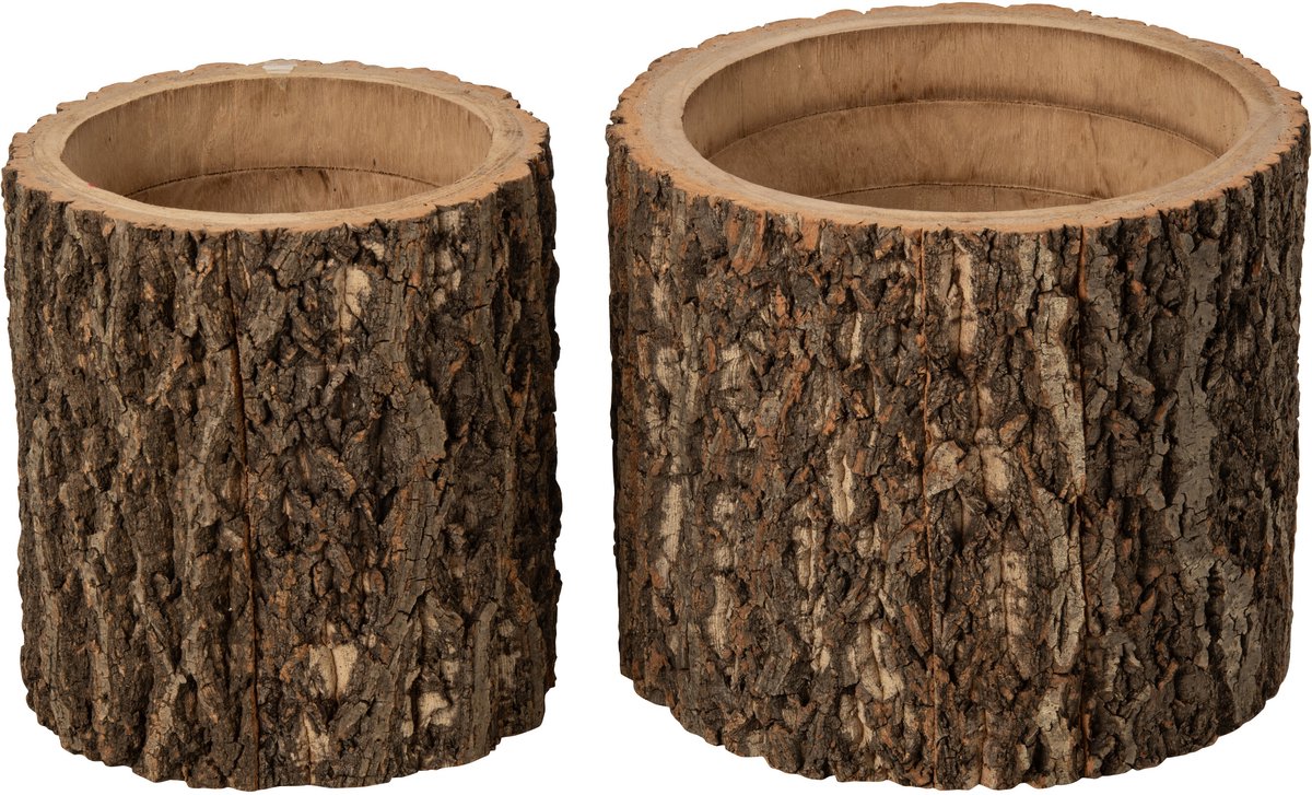 J-Line bloempot Boomstam - hout - naturel - 2 stuks
