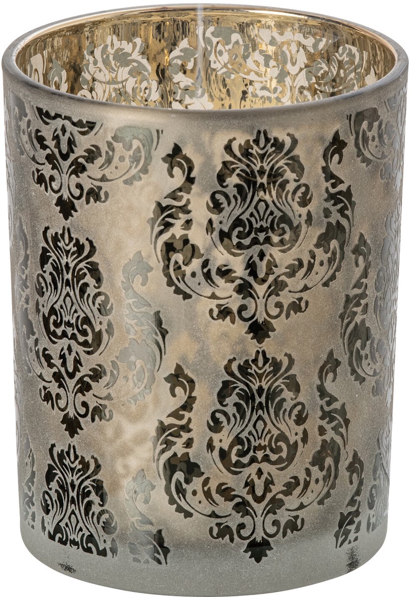 J-Line Windlicht met bloemen - glas - kakigroen/goud - medium - set van 2