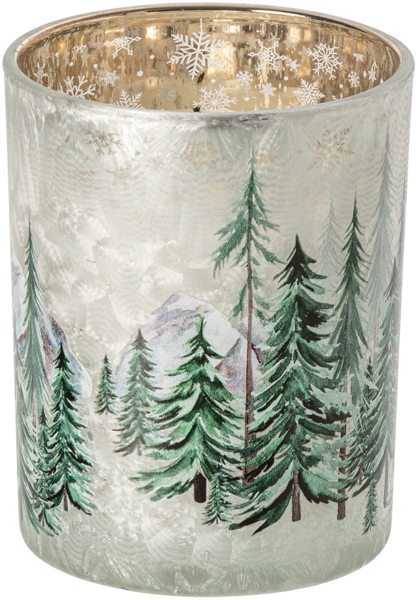 J-Line Kandelaar met kerstboom - glas - wit/donkergroen - medium - set van 2