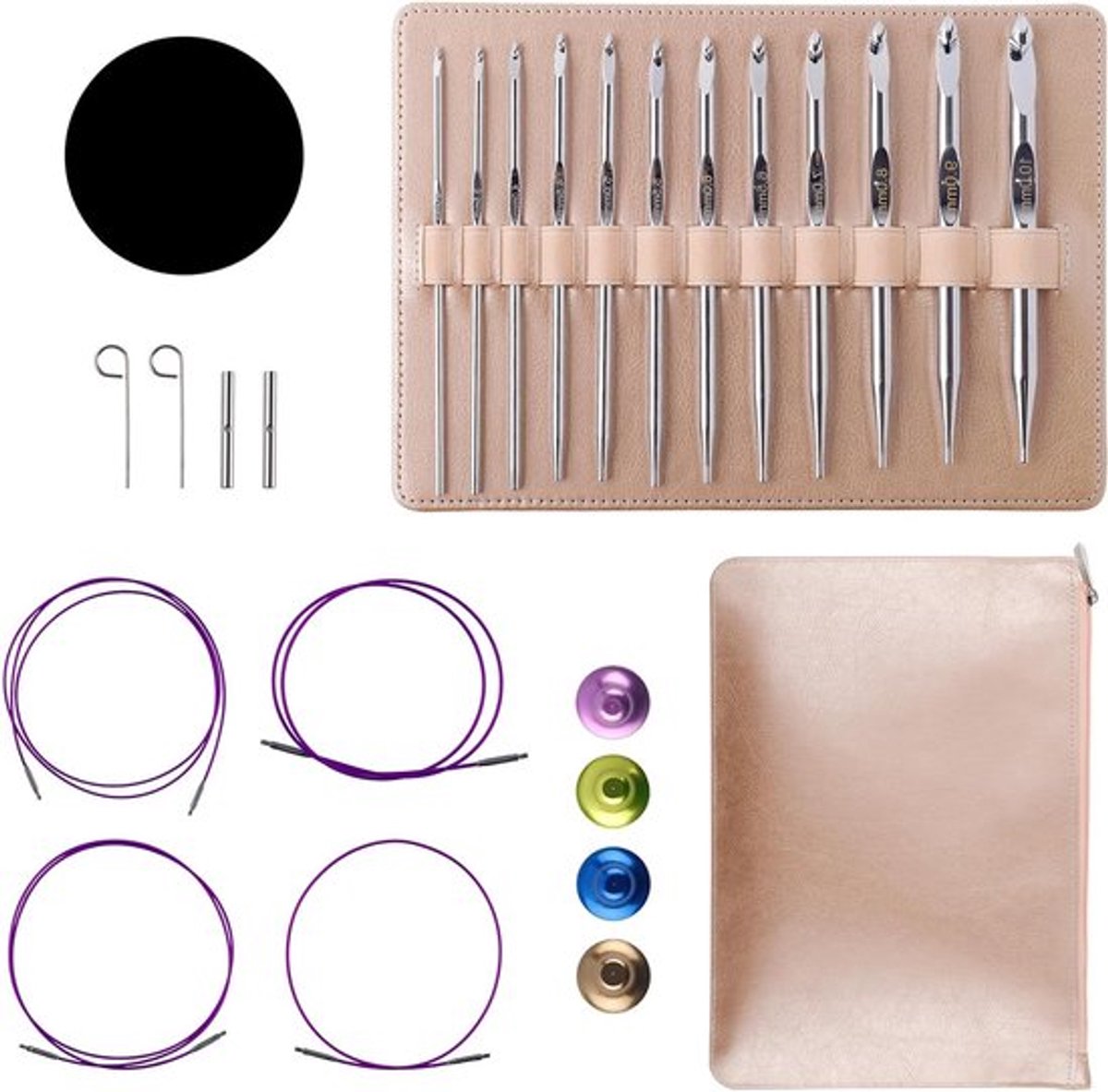 Tunisische Haaknaalden Set met Kabels, Aluminium Verwisselbare Breinaalden 3 mm - 10 mm, Lange Haaknaalden met Pennenzak voor Weven, Breien en Haakprojecten