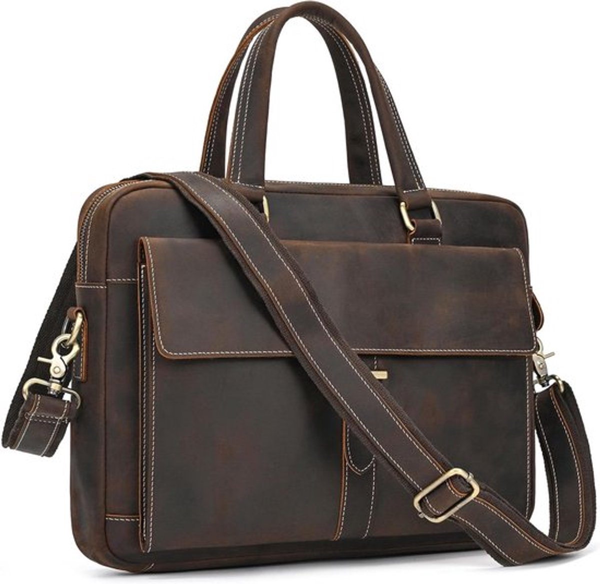 Leren Laptoptas voor Mannen met Verstelbare Schouderband, Geschikt voor 15.4 Inch Laptop, Professionele Business Tas met Extra Laptop Sleeve en Briefcase Functie, Donkerbruin