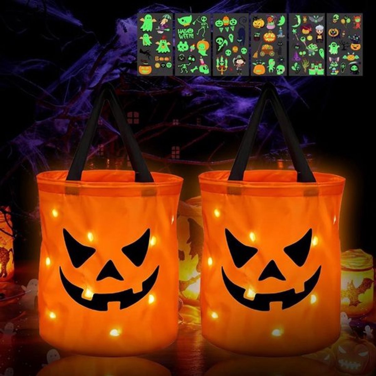 Pompoenzakken voor Halloween met LED-licht, set van 2, inclusief 6 donkere lichtstickers - decoratie voor Halloweenfeesten