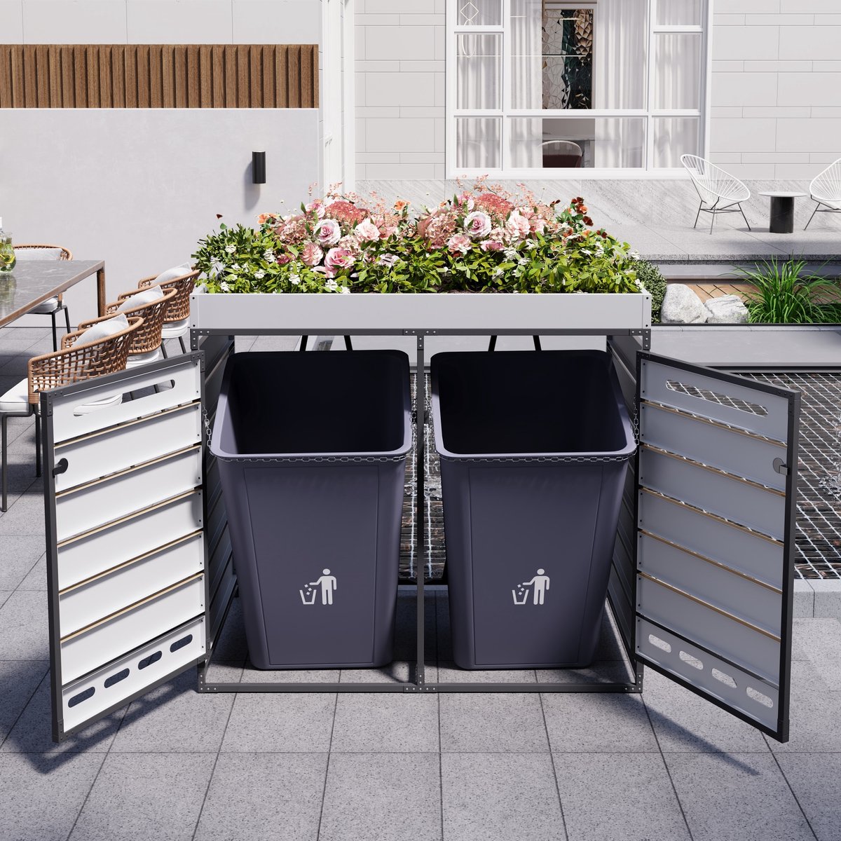 DESMIU Containerberging – 131 x 79 x 120 cm – Met Geïntegreerde Plantenbak – Metaal – Zwart – Voor 2 Containers Met Ventilatie En Slot