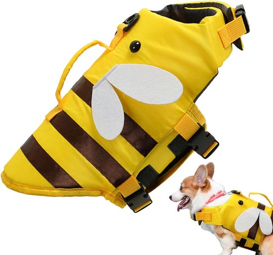 Geel hondenzwemvest met bruine strepen en witte vleugels, op een corgi.