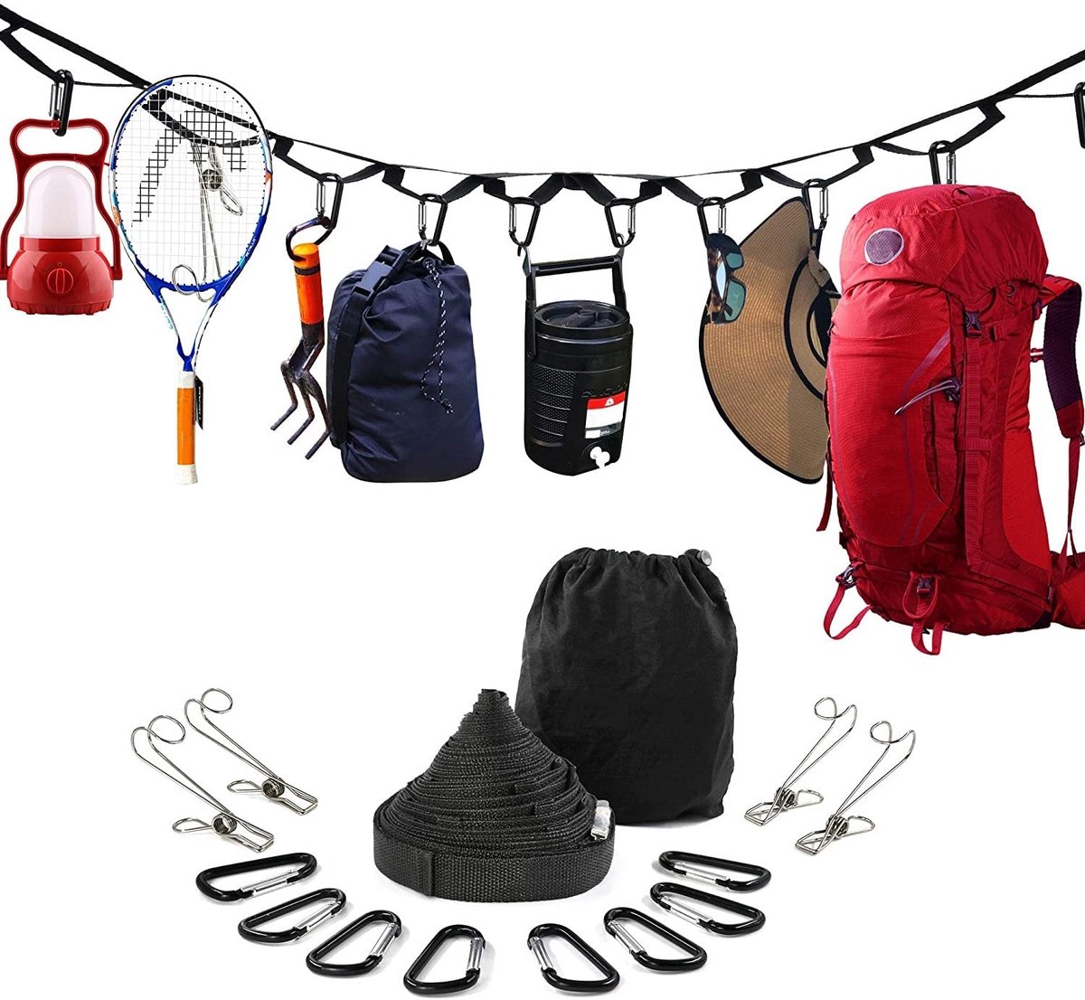 Namajunas - 4,3 m camping waslijn - campingtouw - hangorganizer - organizer - ophanghaken - ophangen - 19 gestikte lussen - 8 karabijnhaken - 4 haken met clips - camping - tent - outdoor - camper - caravan - zwart