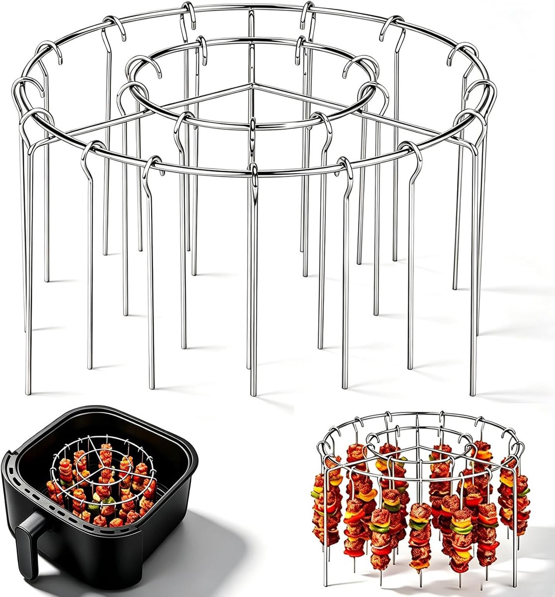 KZQ 2 Stuks Airfryer Rond Rooster 14,5 cm met 24 Grillspiesen, Roestvrijstalen Accessoires voor Airfryer en BBQ, Herbruikbare Vleesspiesen voor Grill en Vlees