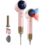 Roze föhn met LED-scherm en gouden accenten, inclusief opzetstukken: diffuser, gladmaker en concentrator.