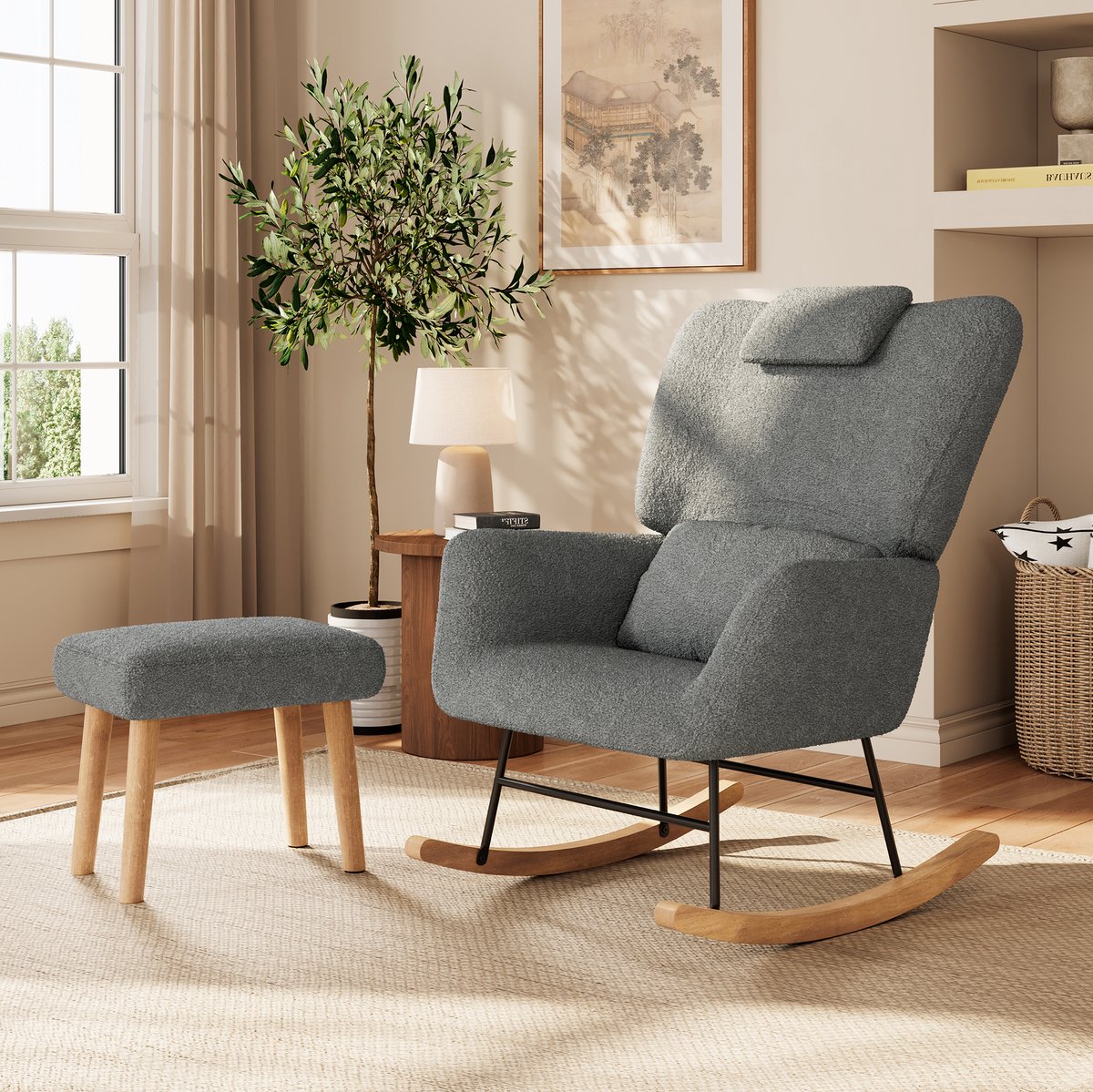 Schommelstoel met Voetenbank Grijs, Ergonomische Relaxstoel met Schapenvacht Stof, Lendenkussen & Opbergvak