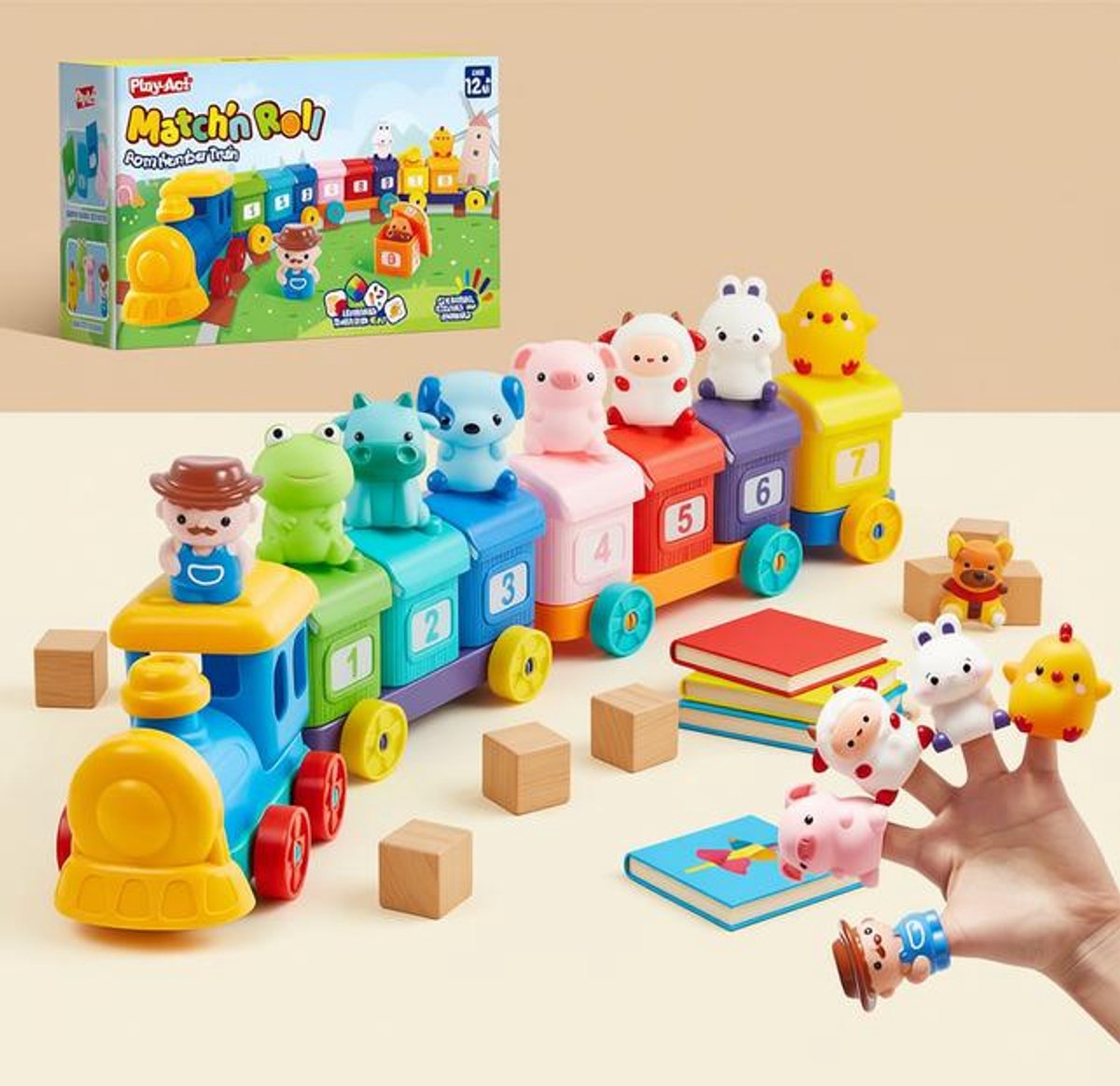Montessori Babyspeelgoed Boerderij Trein - Leer Tellen, Kleuren en Dieren - Educatief Speelgoed voor 1 tot 3 Jaar - Inclusief 9 Dieren en 1 Boer