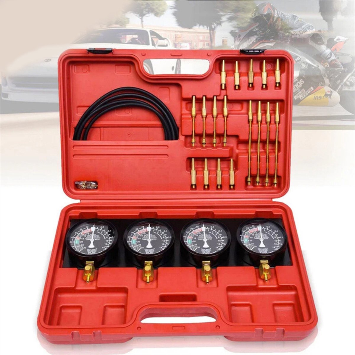Afstelset voor carburateurafstelling motorfiets - Afstelgereedschap met vier drukmeters - Vacuümmeter voor viercilindermotoren - Carburateur balanceren motorfiets - Rood