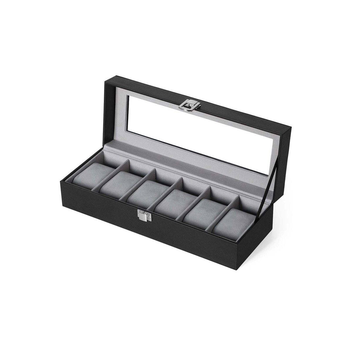6-vaks horloge-opbergdoos Horloge-displaykoffer 30x11.2x8 cm Zwart met metalen sluiting, horlogekussens, glazen deksel en zachte pluchen binnenvoering Stevige en duurzame constructie Geschikt voor horloges met een kastdiameter tot 48 mm