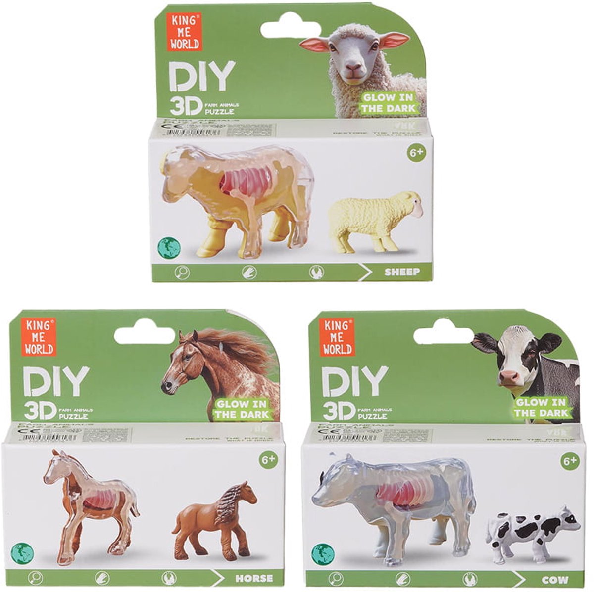 PIA Soft Toys - Speelfiguren - Boerderijdieren 3D anatomie glow-in-the-dark 3 ass. 6-10 cm