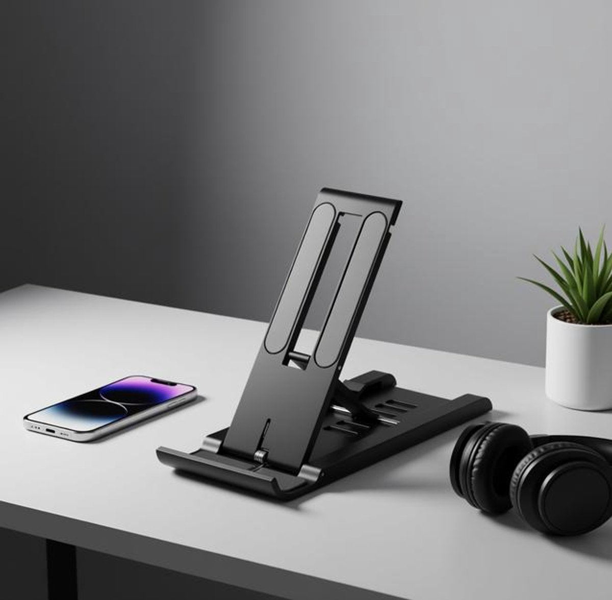 Huis Geluk Opvouwbare Mobiele Telefoonstandaard met 6 Hoeken, Draagbare Desktop Tablet Houder voor Telefoons en Tablets tot 10 inch, Zwart