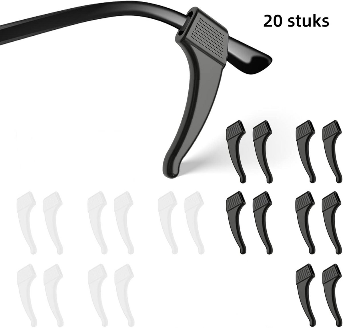 20 stuks - Anti-slip bril oorhoek, 10 paar comfortabele silicone elastische bril benen hoek - geschikt voor bril, zonnebril, myopische bril, vintage bril (10 zwart & 10 transparant)