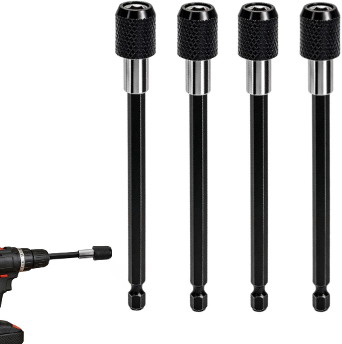 4 stuks - Verlengstuk voor boorborstel - Verlengstuk met snelsluiting - Boorkopadapter - Zeskantige connector - Gereedschapsonderdelen - 150 mm - Zwart - Geschikt voor boorbits