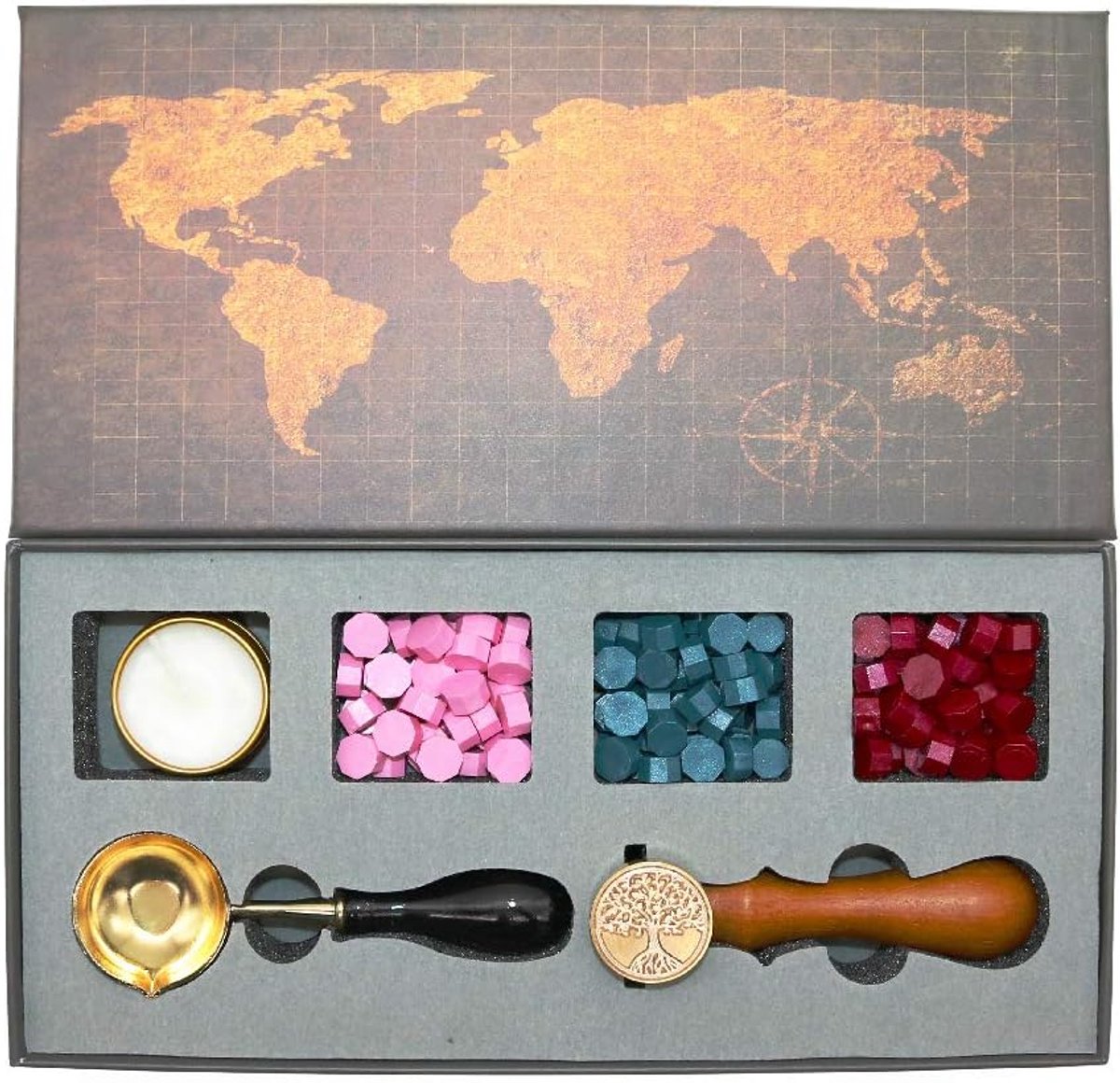 Seal Stempel Set, Wax Seal Kit met Zegellak Kralen, Messing Zegel Stempel, Smeltlepel, Kaars, Cadeaudoos Set (Levensboom)