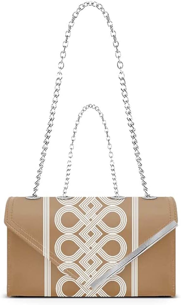 Beige Infinity driehoekige spatel met zilverkleurige metalen inzet met gegraveerd logo