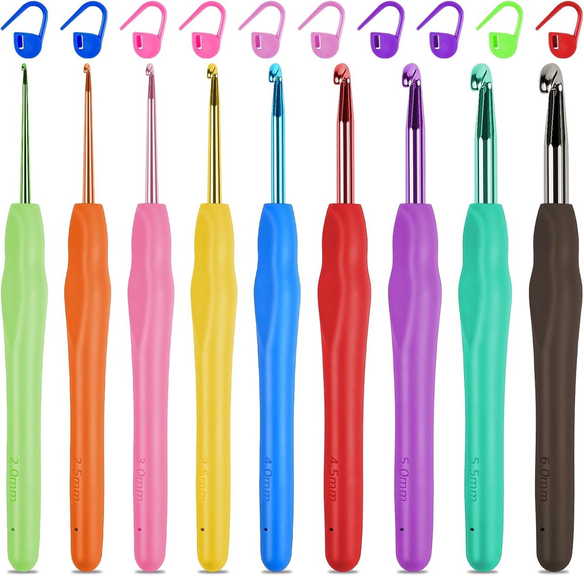 Haaknaaldenset met 10 stekenmarkeringen, Aluminium Crochet Haken Set met ergonomisch rubberen handvat, kleurrijke haaknaald voor beginners en ervaren haakliefhebbers