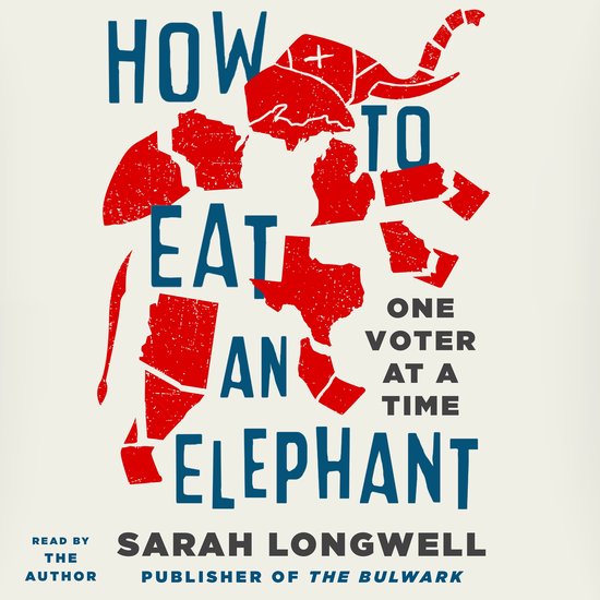 Boekhoes met de titel 'How to Eat an Elephant', met een rode olifant bestaande uit de staten van de VS. Tekst: 'How to Eat an Elephant, One Voter at a Time'.