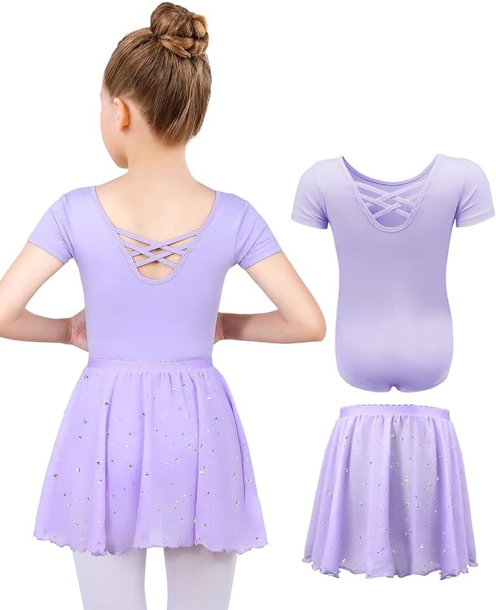 Balletjurk Voor Meisjes Katoen Balletkleding met Korte Mouwen Balletpak met Afneembare Chiffonrok met Pailletten voor 3-11 jaar
