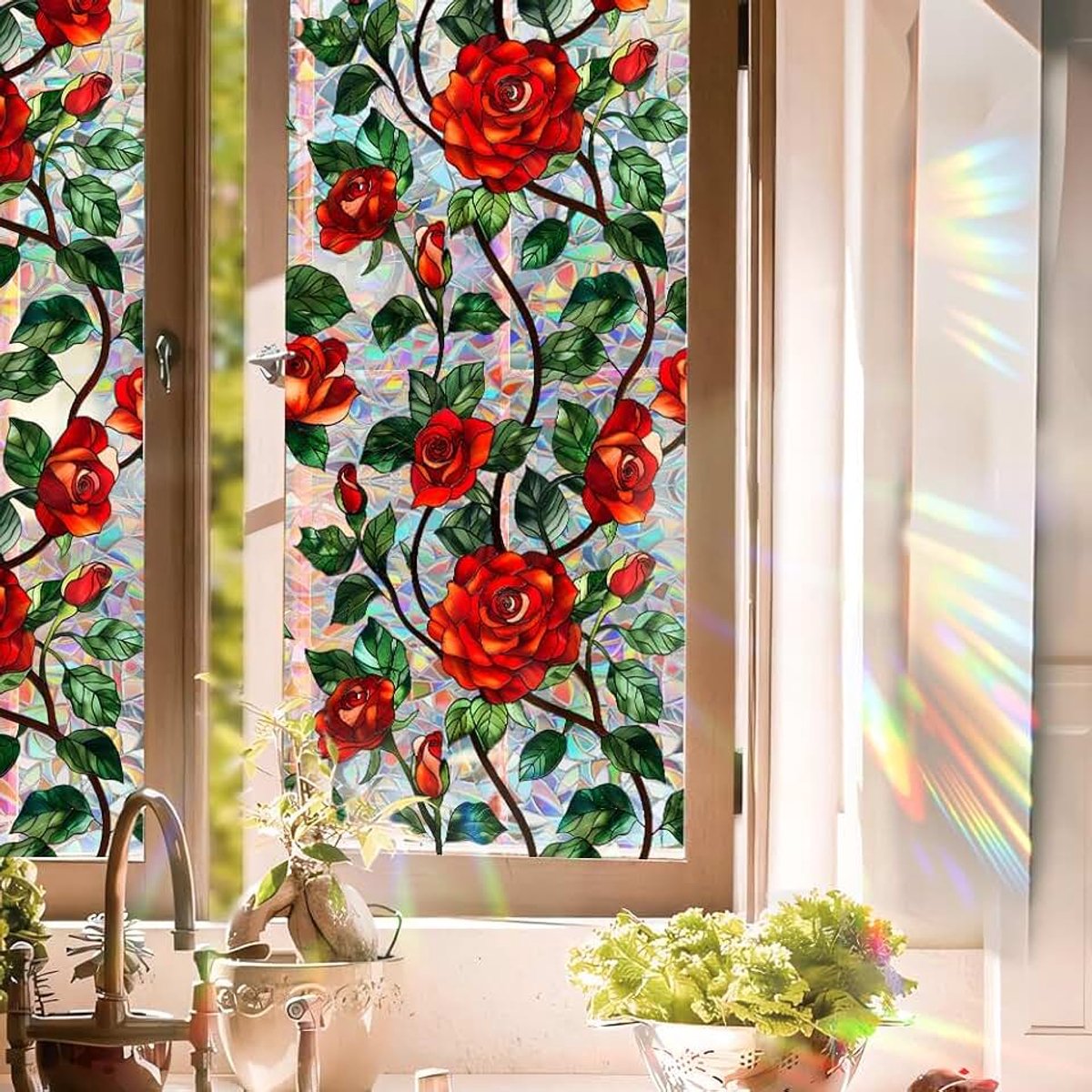 Raamfolie, regenboog, rode roos, bloemen, raamklampt 3D decoratieve vinyl glas-in-lood raamstickers, statisch hechtende raamsticker, niet-klevend, 40 x 101,6 cm