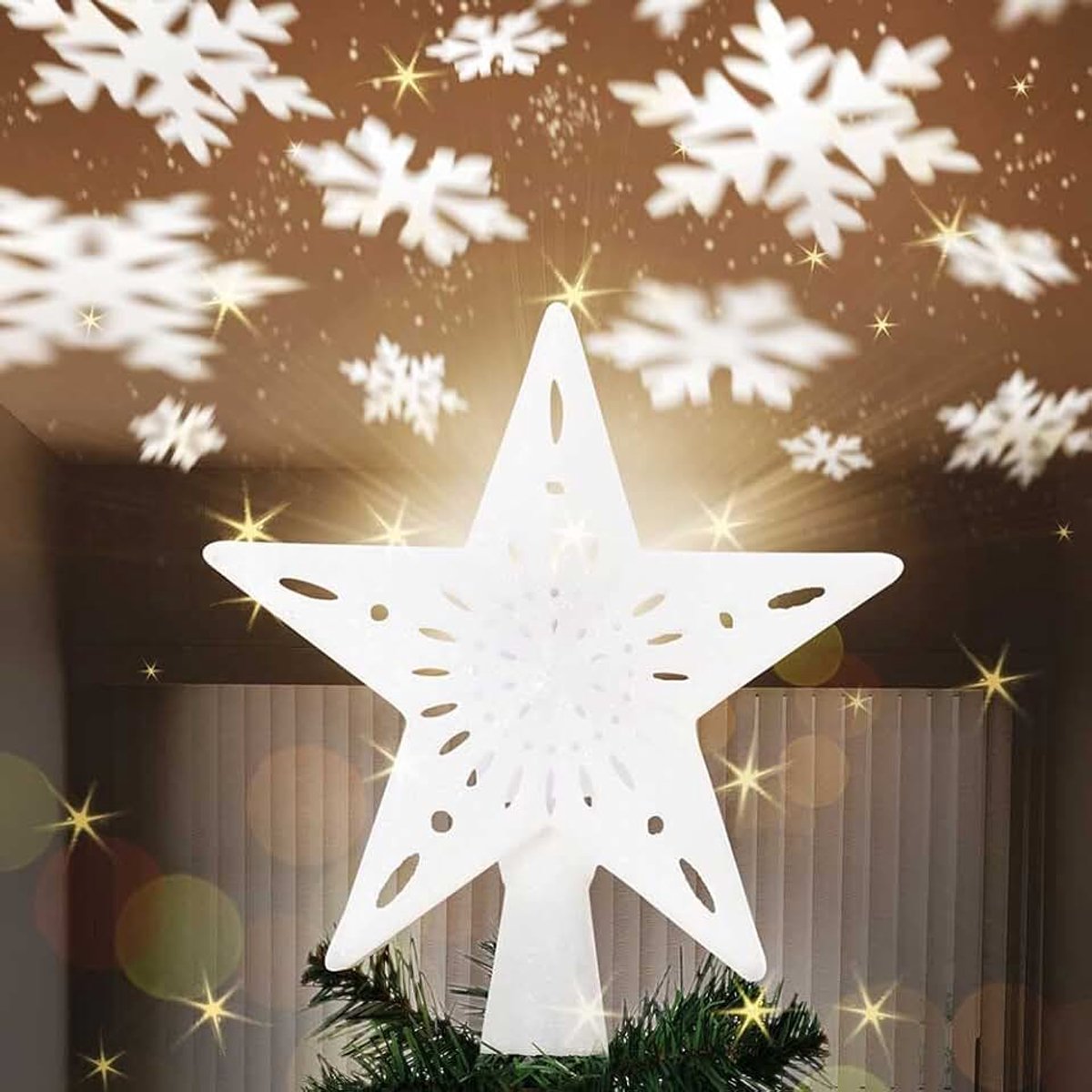 Oplichtende ster-punt met reflecterende sneeuwvlokken op het plafond, hoogte 26 cm, decoratie kerstboomtopper, kerstdecoratie met glitter (wit)