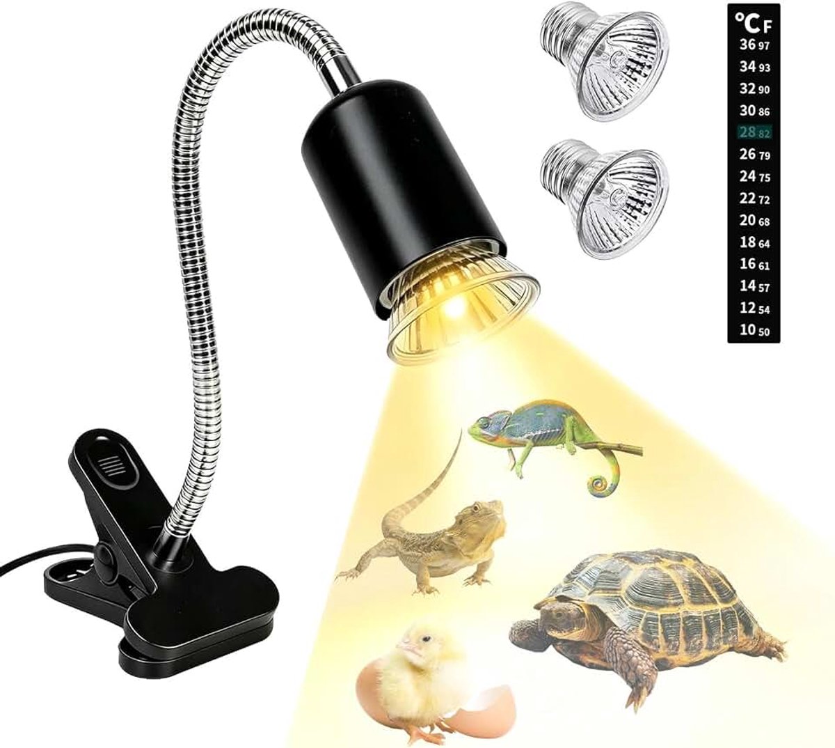Reptielamp met 2 UVA-/UVB-lampen, E27-lampfitting, met 360° draaibare klem, voor schildpadden, reptielen, amfibieën, zwart