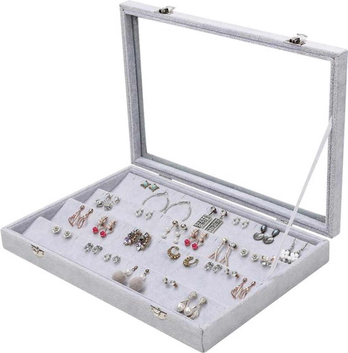 Sieraden Organizer-Weergave - Velourskleur - 40 Gleuven - Grijs - Glazen Deksel - Oorbellenweergave - Helder Glazen Raam - Geschikt voor knopoorbellen - 4-laags - Lade - Informatie