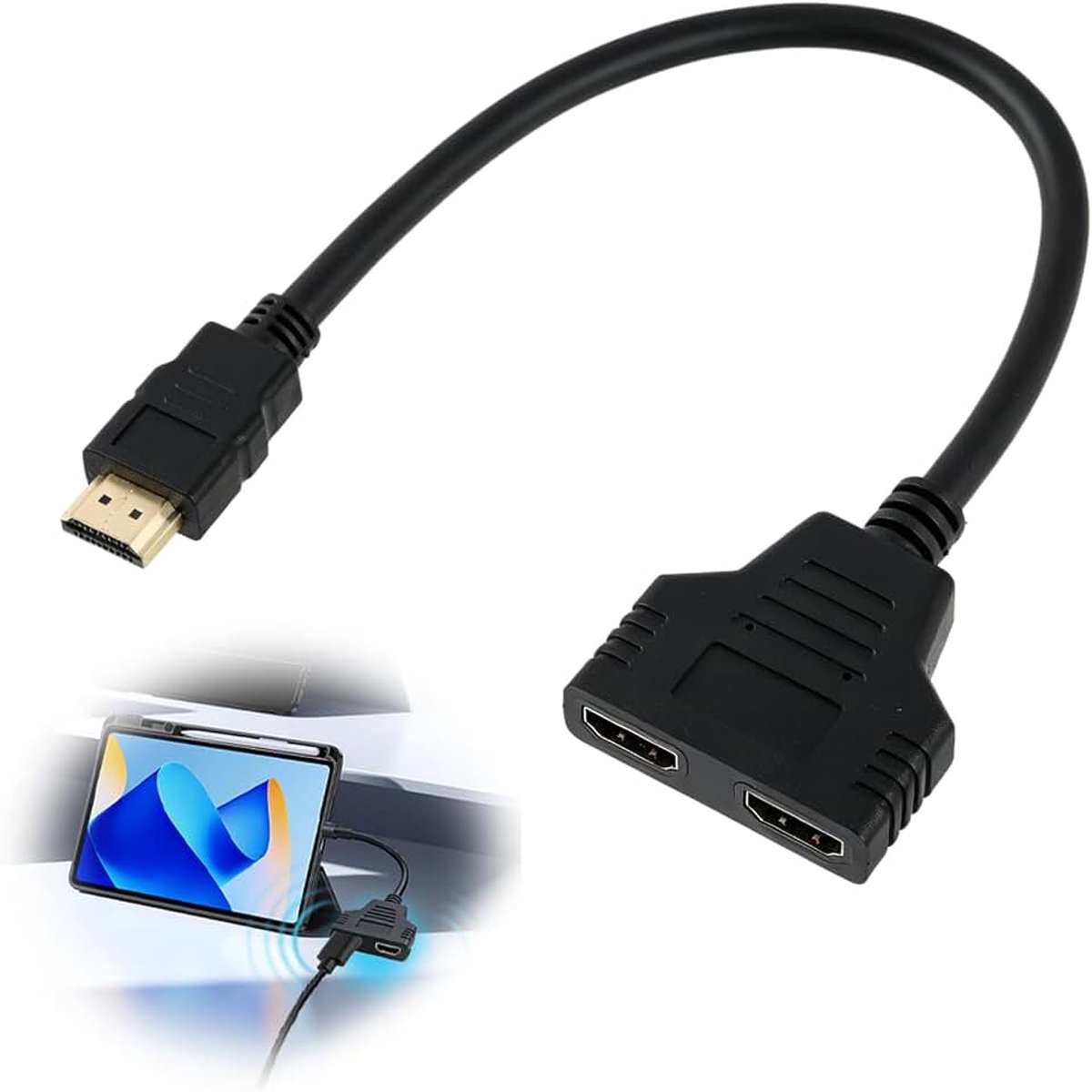 30 cm HDMI-splitter-adapter, 1 ingang, 2 uitgangen, 1080p mannelijk naar dubbele HDMI-aansluiting, 1 naar 2-weg splitter, voor tv en pc, led-display, lcd- en projector, twee tv's, schakelaar, 2