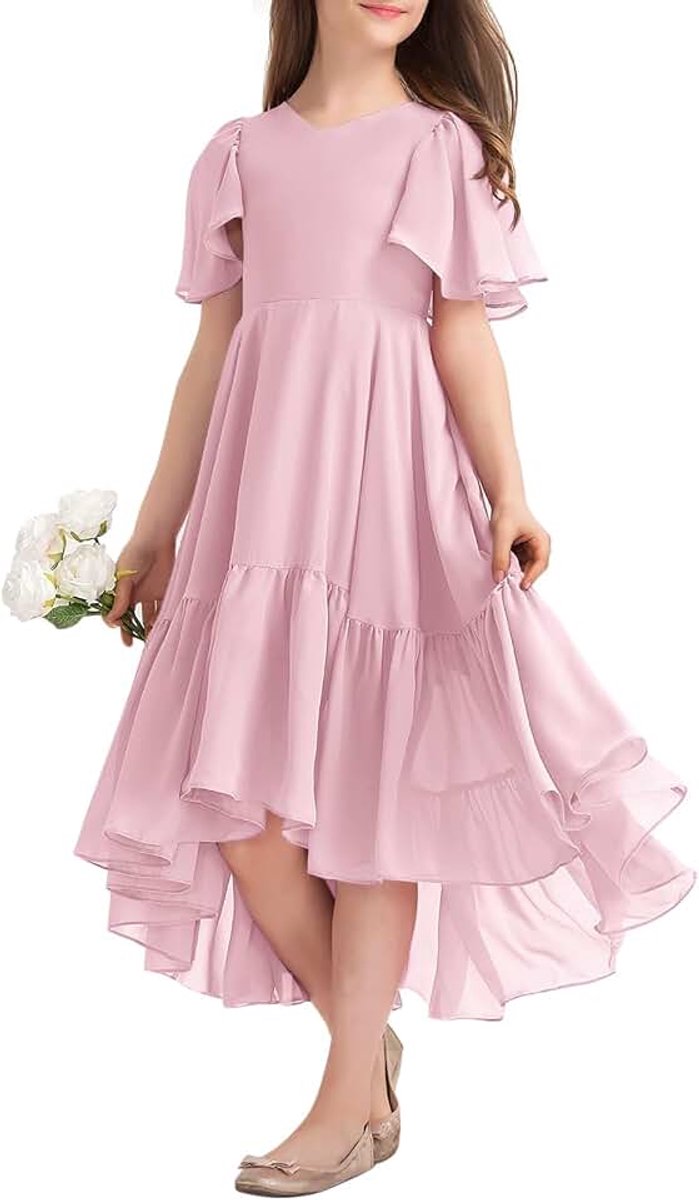 Zomerjurk voor meisjes, V-hals, ruches, casual, A-lijn, vloeiend, lang, lang, partyjurk, elegante lange avondjurk