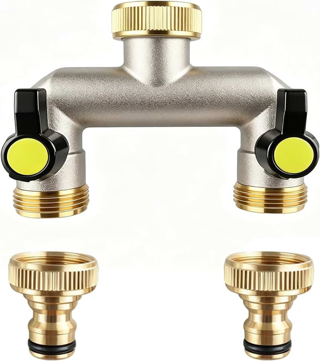 2-weg waterverdeler, 3/4 inch, vernikkeld messing, dubbele kraan voor de tuin, met kraanadapter van 3/4 inch, voor keuken, outdoor, tuin