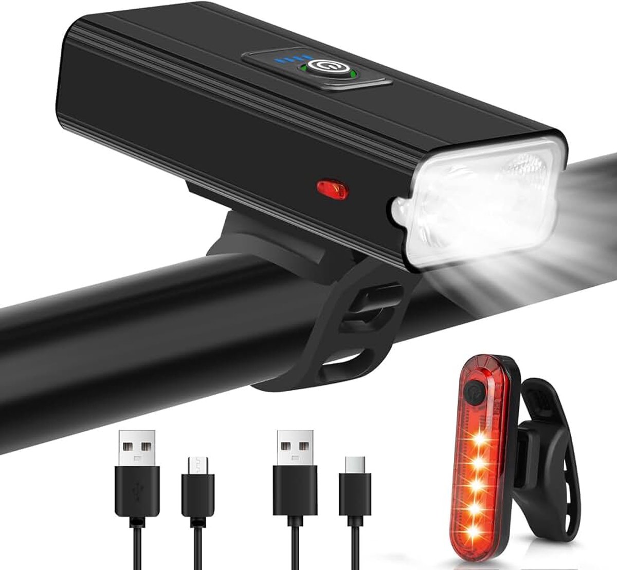 Fietsverlichting Voor en Achter, Super Helder 6 Lichtstanden LED Zaklamp, Type-C Oplaadbare Waterdichte Fietskoplamp voor Racefiets MTB Fietsen Vissen