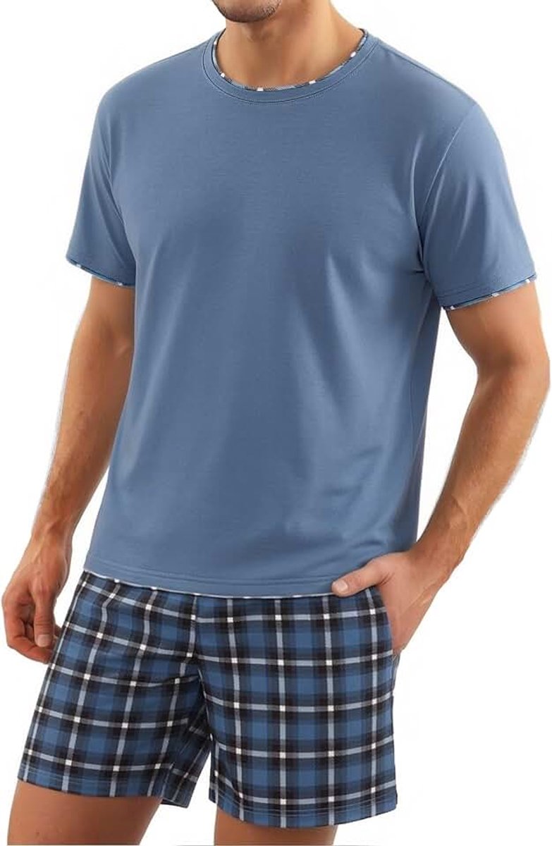 Pyjama's voor heren, zomer, katoen, korte pyjama voor heren, T-shirt met korte mouwen, tweedelige pyjama's voor heren, katoenen pyjama's en Schotse shorts met zakken, licht en zacht