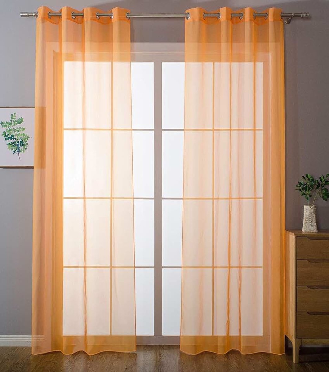 203322, set van 2 gordijnen met ogen, transparant, voor de woonkamer, voile, loodband, H x B 225 x 140 cm, oranje