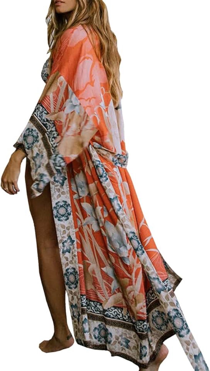 Kimono voor dames, knielengte, strandjurk, lang, zomerjurk, bikini, cover-up