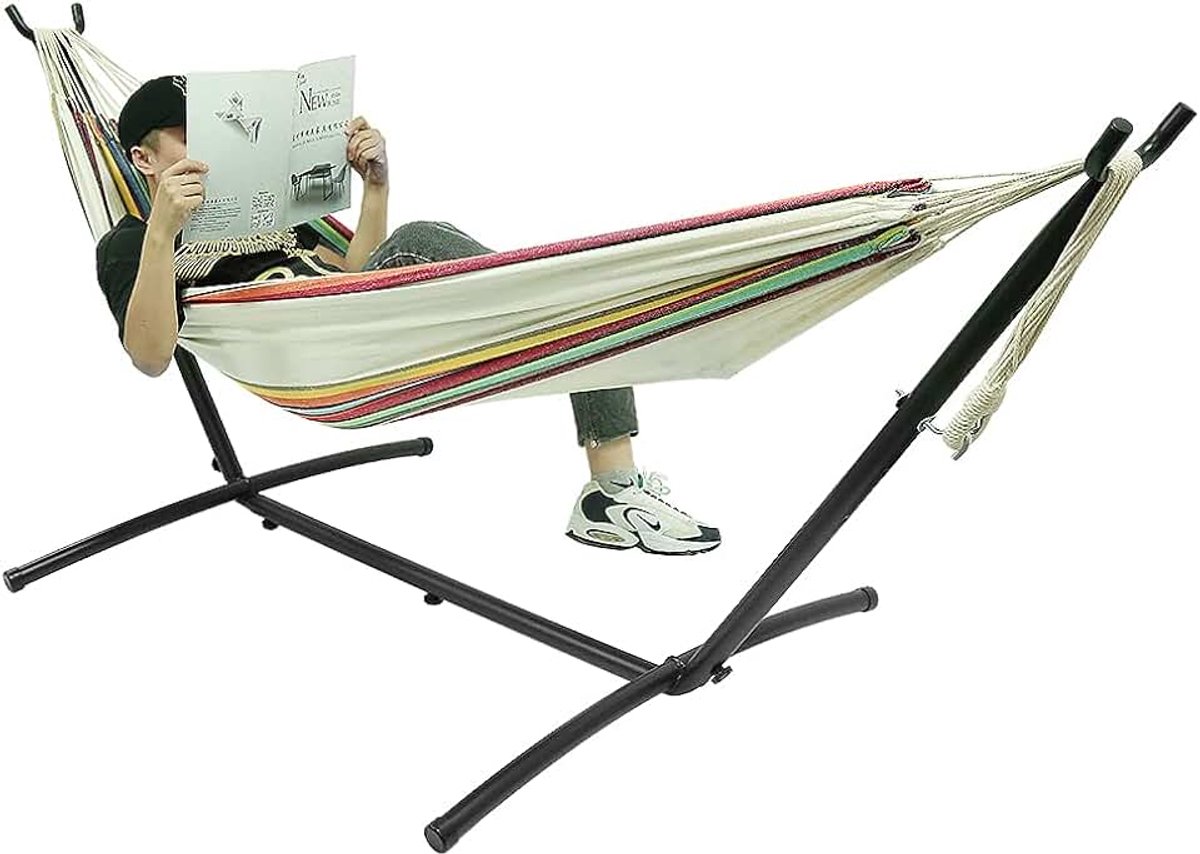 Hangmat met standaard, hangmat met standaard met canvas stoffen zak, enkele en dubbele hangmat binnen en buiten (band nr. 1) 250 x 110 x 100 cm