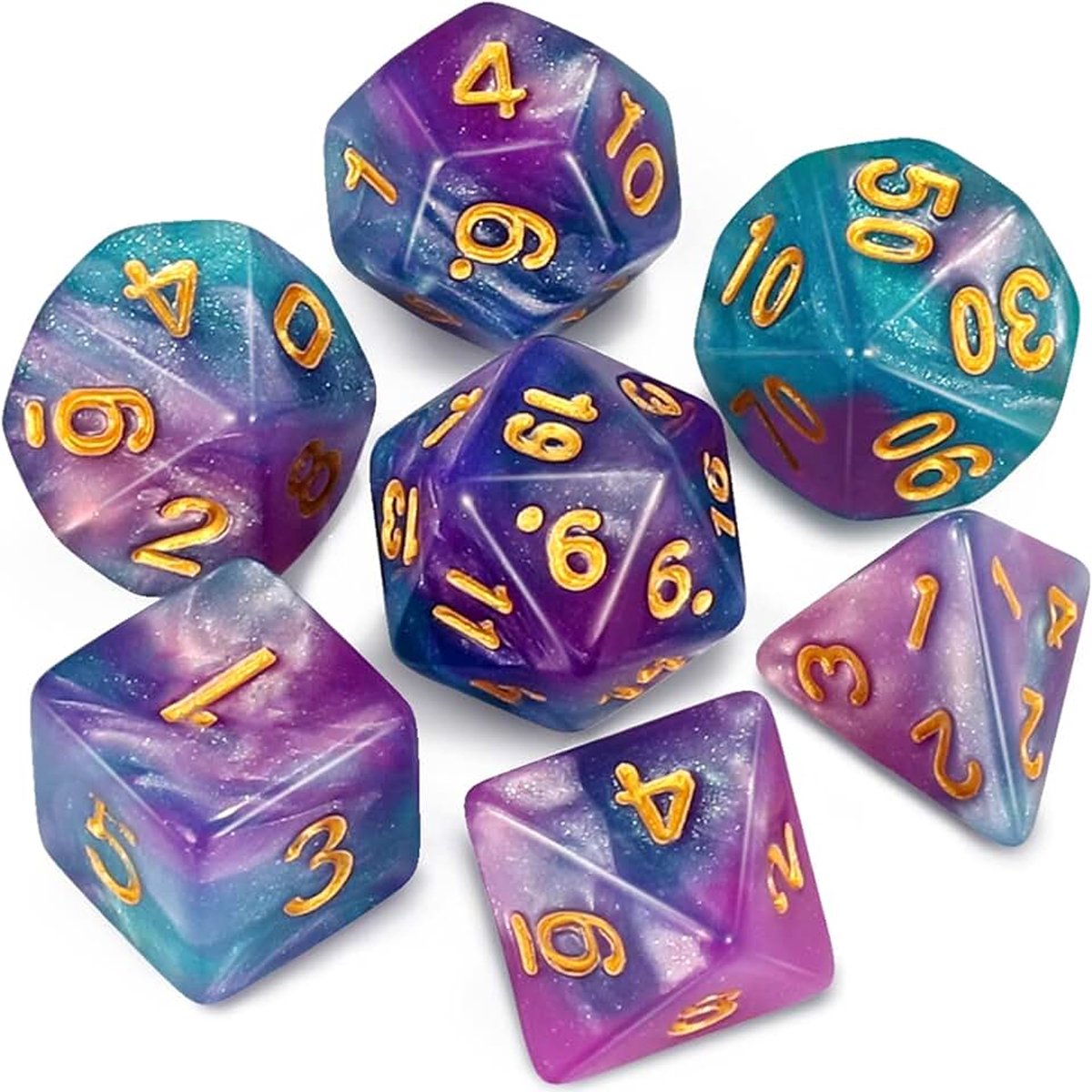 Dice polyedrische dobbelstenen set - 7 stuks voor Dungeon en Dragons MTG RPG D&D D20, D12, D10, D%, D8, D6, D4 (Lake Blue Mix Paars + Glitter)