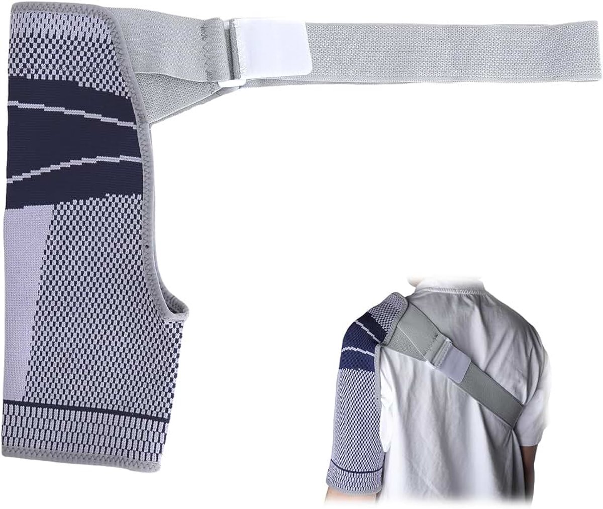 Schouderbandage, blauw-grijze schouderriem, sportieve schouders, gewrichtbescherming, schoudersteun, houdingscorrectie, geschikt voor mannen en vrouwen