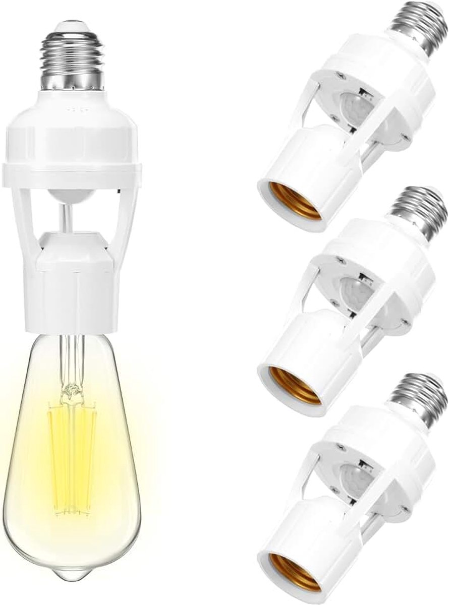Lichtsokkel met bewegingsmelder, E27, set van 4, PIR-Motion 360° sensor-schemerschakelaar, automatische lamp voor hal, kelder, garage, tijdinstelling en luxe keuze, energiebesparende E27