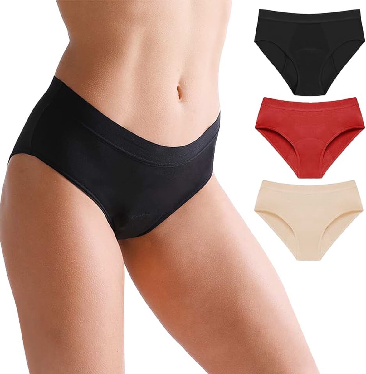 3 Pack Periode Broek Menstruatie Ondergoed Lekvrije Incontinentie Broek Heavy Flow Extra Bescherming Knickers Zwart + Beige + Rood S
