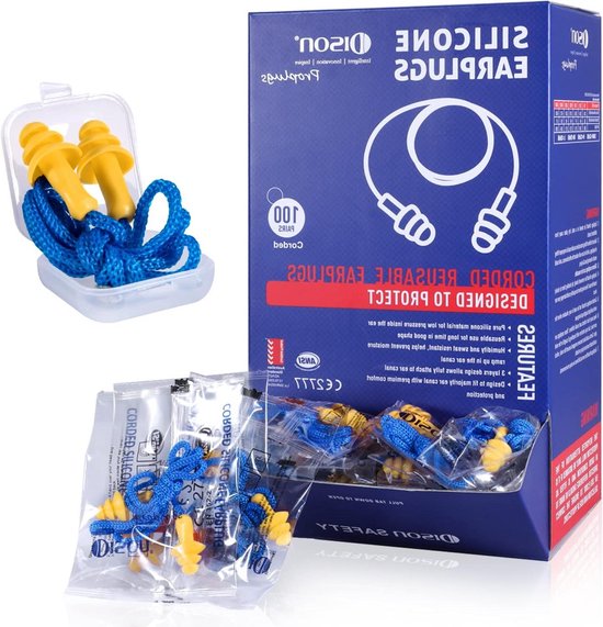 Gele oordopjes met blauw koord in een doorzichtig bewaardoosje, naast een doos met 100 paar.
