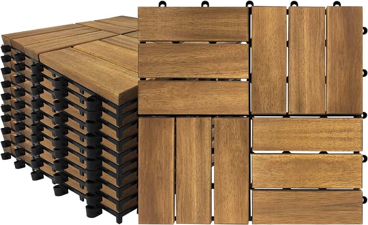 Houten tegels balkon 30 x 30 cm met kliksysteem 11er set voor 1 m² terrastegels met drainage voor buiten, tuin, terras, model B