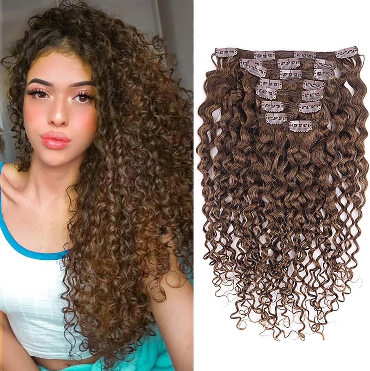 Haarextensies, echt haar, 40 cm, 8 stuks, 120 g, donkerbruin, haarstukjes, echt haar, clip-in haarverlenging voor vrouwen