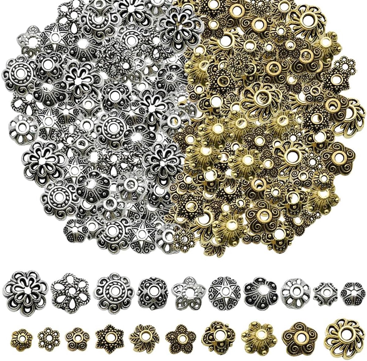 Kralen caps, set met gat voor het inrijgen van vintage ringafstandsdop legering metalen doppen sieradenaccessoires voor knutselen, doe-het-zelf kettingen, sieraden maken