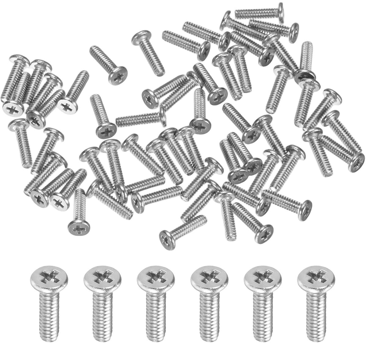 60 stuks platte kopschroeven, M1,6 x 6 mm, 304 roestvrij staal, Phillips Drive, kleine schroeven voor machines/uitrusting, Cross Drive hardware bevestiging