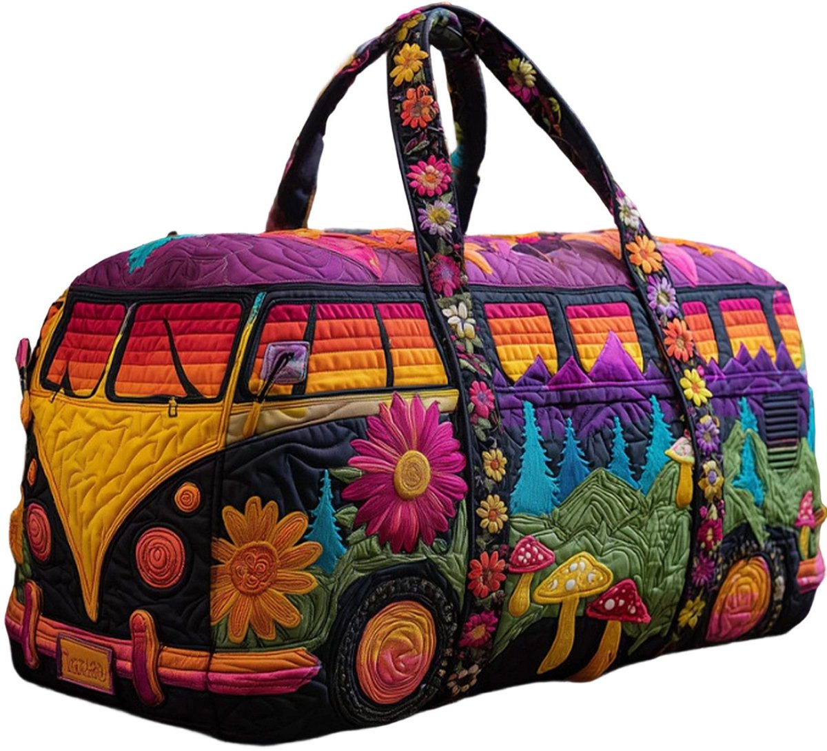 Textielen tas, retro bloemenprint in 3D-stijl, boho-stijl voor reizen en sport, meerkleurig, groot (18 x 9 x 9 inch)，34 modellen
