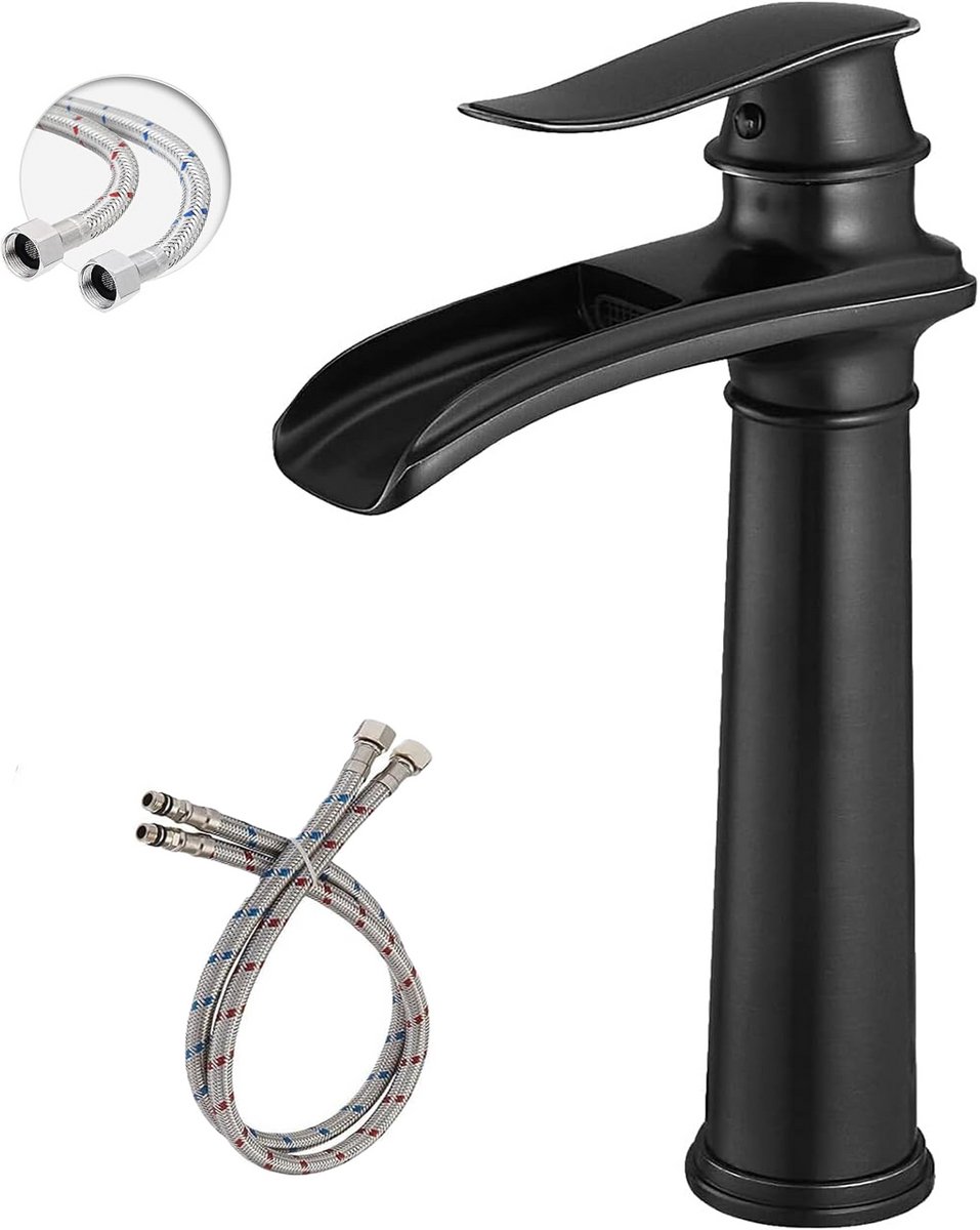 KZQ Waterkraan Badkamer Wastafelkraan Modern Badkamerkraan Wastafelmengkraan Waterval Badkamer Kraan Eengreepsmengkraan Warm En Koud Verstelbare Wastafelarmatuur - Hoog Model - Zwart Geborsteld