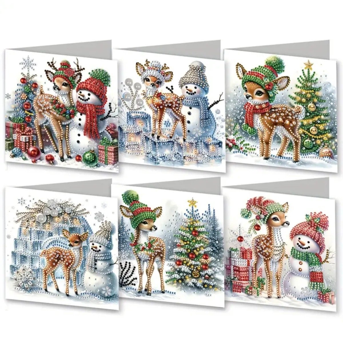 6 Diamond Painting Kerstkaarten - 15x15 cm - DIY Kerstkaarten Met Enveloppen - 5D Diamant Schilderen Set Met Kerstboom Rendier En Sneeuwpop Motief - Creatieve Hobby Voor Volwassenen - Inclusief Diamanten Pen Wax En Sorteerbakje