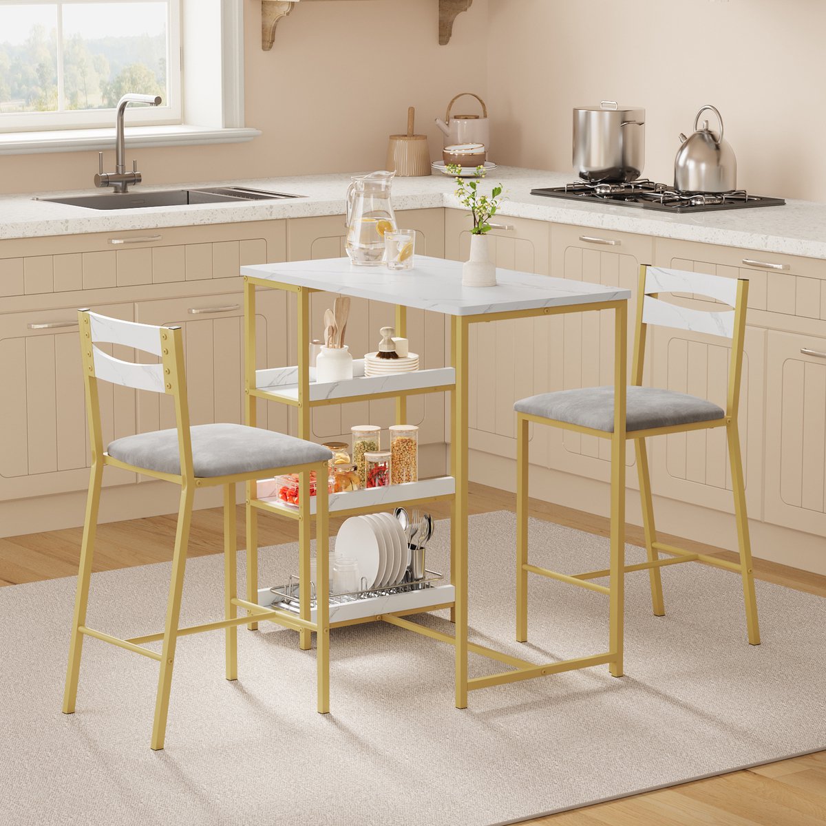 Eettafel Set 3-Delig - 91.5x50x91.5cm - Eettafel Met 2 Stoelen - Bartafel Counter Height met 3 Lagen Opbergplanken - Ruimtebesparend - Voor Appartement En Eetkamer - Wit + Goud